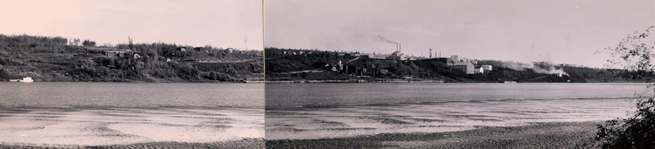 Panoramic view of the old (centre) and new (right) plants at Bitumount, ca. 1950
