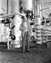 Karl Clark stands beside the fractionating tower at the Alberta Government Oil Sands Project refinery, ca. 1950.<br/>Source: Provincial Archives of Alberta, PA410.3