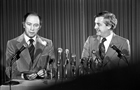 Pierre Trudeau, Prime Minster of Canada (L), and Peter Lougheed, Premier of Alberta (R), hold  a joint press conference in 1977. Although they appear jovial in this image, their relationship throughout the late-1970s and early-1980s was characterized by intense and bitter exchanges over federal-provincial constitutional rights and jurisdiction of each level of government.