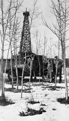Oil well Signal Hill No. 2, located between Bragg Creek and Jumpingpound Creek, ca. 1920s; the Turner Valley discovery prompted the drilling of new wells in promising, but previously untried, areas.