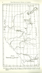 The known extent of the accessible oil sands deposits along the Athabasca River, as outlined by Karl Clark and Sidney Blair in 1927. Source: University of Alberta Library, The Bituminous Sands of Alberta, Part I, p. 2