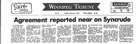 "Agreement reported near on Syncrude," published in the Winnipeg Tribune on February 4, 1975, reports the anticipated agreement between government and oil industry officials.<br/>Source: The Winnipeg Tribune
