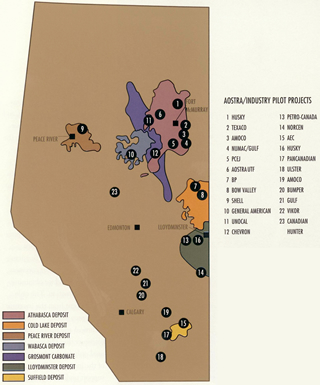 A map of Alberta shows AOSTRA/industry <em>in situ</em> pilot projects that emerge in the 1970s and 1980s.<br/> Source: Courtesy of Alberta Innovates