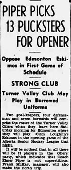 Turner Valley’s new hockey team leaves for its season opener before the arrival of its new uniforms. The Oilers lost the game 6-2.  No word in the newspaper reports on whether the proper uniforms arrived in time. <br />Source: <em>Calgary Albertan</em>, 17 November 1938