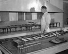 A technician tests soil samples at the Royalite laboratory, Turner Valley, ca. 1946-1947. <br />Source: Glenbow Archives, IP-14a-700