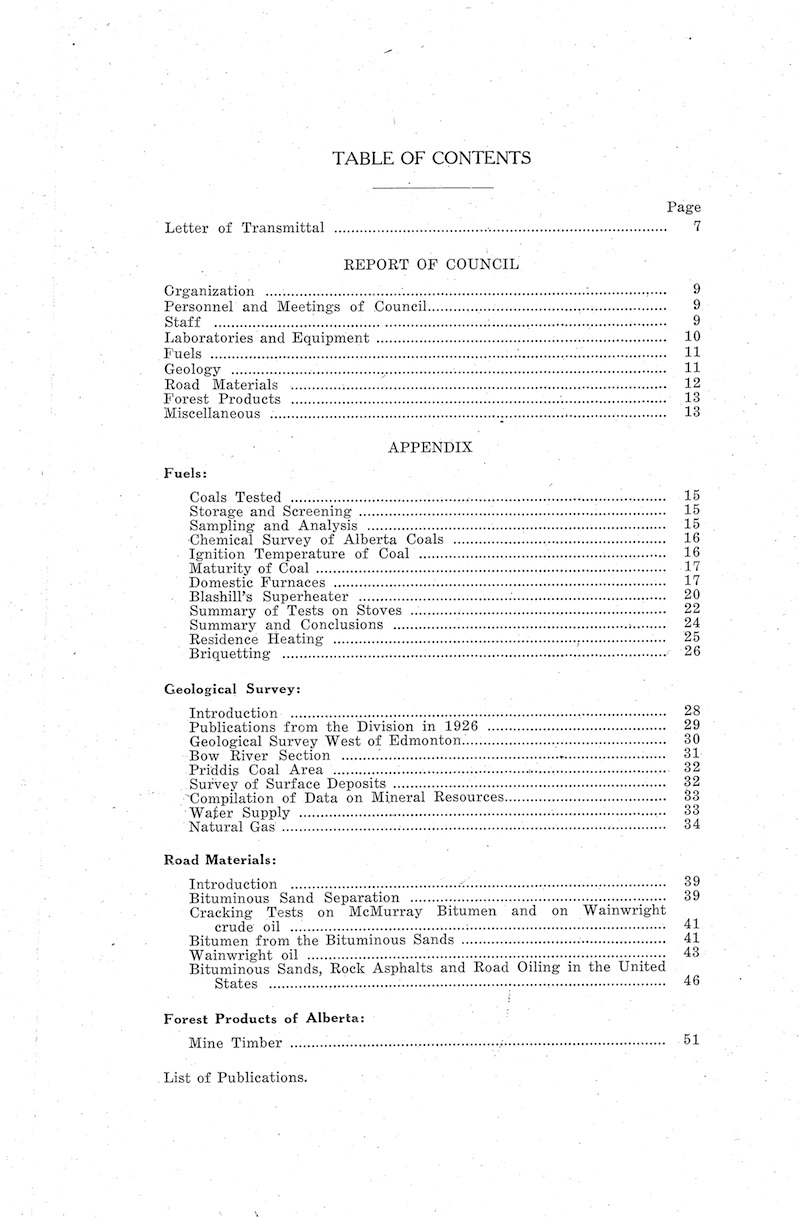 Table of Contents from 1926 ARC Report