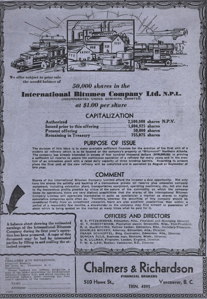 In 1937, Robert Fitzsimmons was in Vancouver, trying to sell shares in the International Bitumen Company Ltd. He placed this ad in the paper to drum up business.