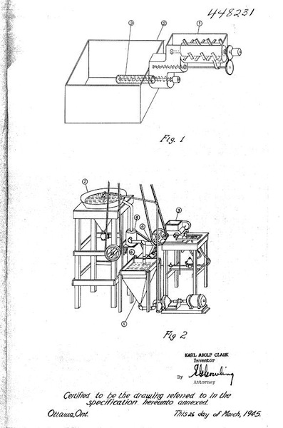Karl Clark’s Patent 448231, from 1948<br/>Source: Canadian Intellectual Property Office, Clark 448231