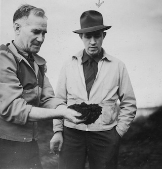 Fitzsimmons (left) shows Champion the oil sands at Bitumount, n.d., Source: University of Alberta Archives, 83-160-113
