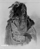 Blackfoot warrior Iron Shirt has painted his face with a mixture of coal dust and oil in this 1833 engraving. 