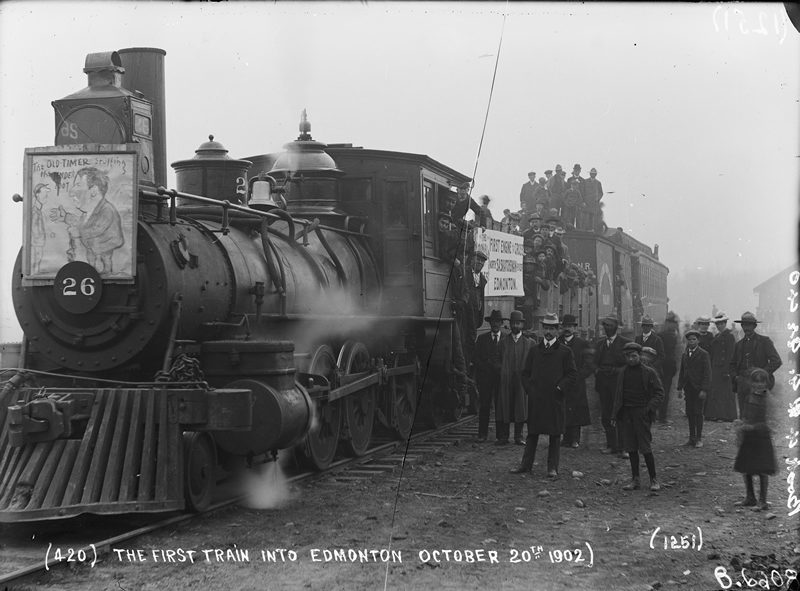 The first steam locomotive driving into Edmonton, 1902.