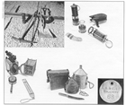 Clockwise from lower left: Canary cages used by miners to detect poisonous gasas well as instruments used to measure air flow and humidity. Other mining tools included pick, boring bit, shovel. Wolf Safety Lamp, dynamite box and copper powder flask for blasting. Inset: A lamp check, the brass token issued to each miner and carried by him into the mine.