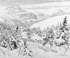 Drawing by Charles William Jefferys of David Thompson making his way through the Rocky Mountains in 1810
