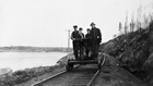 Men travelling on handcar, National Transcontinental Railway, 1910-1915 Source: Glenbow Archives, NA-3553-32