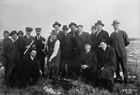 Group of men at sod turning, Viking No. 1 gas well, Viking, Alberta, ca. 1914; the ceremony marking the sod turning for the first well in the Viking field was well attended by members of the Edmonton Industrial Development Association, yet their efforts to supply their city with gas were repeatedly stymied. Source: Glenbow Archives, NA-1328-2596