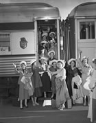 Members of the Desk and Derrick Blub embark for a convention in New York City, August 1955. <br /> Source: Glenbow Archives, NA-5600-7214a