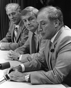 At a joint press conference on September 1, 1981, Pierre Trudeau (right), Prime Minster of Canada, and Peter Lougheed (centre), Premier of Alberta, announced a compromise agreement on some of the provisions of the federal National Energy Program. The compromise was reached after a long series of intense negotiations. Despite the compromise, the feelings of bitterness and betrayal caused by the National Energy Program would characterize Alberta-Ottawa relations for decades.