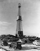 Opening day, Leduc No. 1, February 13, 1947; hundreds of dignitaries and other visitors descended on the discovery well to witness the oil strike.
