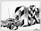 "Roadblock" by Tom Innes, editorial cartoonist for the <em>Calgary Herald</em>, appeared in the January 3, 1980, edition and suggests that the protectionist policies of the OPEC cartel (Middle-Eastern oil exporting nations) were blocking the progress and development of industrialized nations (such as Canada and the United States).<br/>Source: Glenbow Archives, M-8000-524