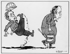"The Oil Patch" by Tom Innes, editorial cartoonist for the <em>Calgary Herald,</em> appeared in the May 18, 1974, edition and suggests that Ottawa's energy policies (represented by a caricature of federal Mines and Resources Minster Donald MacDonald) have caused the Alberta oil industry and economy (represented by a caricature of Alberta Premier Peter Lougheed) to slip.<br/>Source: Glenbow Archives, M-8787-66