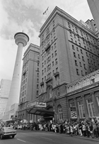 Protestors gather outside Calgary’s Palliser Hotel in June 1974 in anticipation of the arrival of Prime Minster Trudeau.