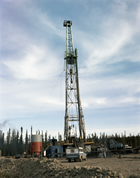 Petrofina Canada drilling rig, near Whitecourt, October 1972; Petrofina Canada was a Canadian branch operation of Petrofina, a Belgium-based oil and gas company. There were many multi-national companies operating in Alberta through the 1970s.