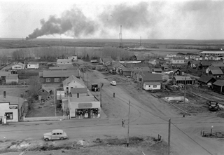 Corner of Railway Avenue and Main Street, Redwater, Alberta, 1948. Source: Provincial Archives of Alberta, A9763