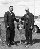 In 1964, Karl Clark was present for the ceremony for the official start of the Great Canadian Oil Sands Ltd. plant at the Mildred-Ruth Lakes site. The plant opened in 1967, only nine months after Clark died.<br/>Source: University of Alberta Archives, 91-137-182 detail