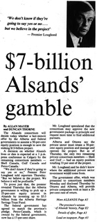 A news story published in the Edmonton Journal on April 30, 1982, reports a provincial and federal government attempt to salvage the Alsands project. Source: Edmonton Journal