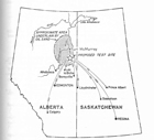 A map showing the test site location for the proposed Project Oilsand near Pony Creek, Alberta. Source: Carrigy, M.A., ed. Athabasca Oil Sands–The Karl A. Clark Volume. Edmonton: Research Council of Alberta, 1963.