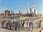 Construction workers departing plant, late 1960s. Source: Courtesy of Suncor