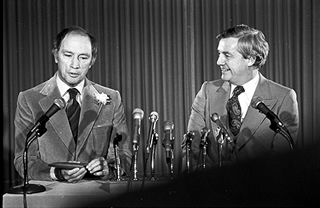 Canada’s Prime Minister Pierre Elliott Trudeau and Alberta Premier Peter Lougheed, November 1, 1977; Trudeau and Lougheed clash over oil sands ownership, export taxation and natural resource revenue sharing arrangements. Source: Provincial Archives of Alberta, J3672.2