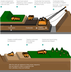 This diagram of a large-scale surface mine operation shows how coal is removed from a seam near the surface (top) and how land is reclaimed after mining (bottom).