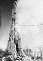 Frozen gas well, 23 miles from Peace River, 1951; in 1951, Albertans did not have to wait for the season to begin for winter weather to set in. The southern part of the province was hit with a freak blizzard in June of that year, and the winter that followed was especially ferocious, causing complications ranging from gas hydrate blockages to frost-heaved foundations. Source: Provincial Archives of Alberta, P1584
