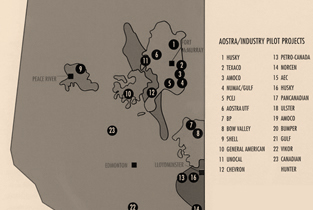 A map of Alberta showing AOSTRA/petroleum industry pilot projects