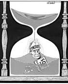 Tom Innes’s editorial cartoon highlights the limited window of opportunity to make the proposed Syncrude plant at Mildred Lake a reality; $1 billion was needed by January 31st, 1975, or the project would have been shut down; published in the Calgary Herald, January 30, 1975. Source: Glenbow Archives, M-8787-177