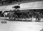 An Imperial Oil horse-drawn wagon transporting Royalite oil, 1906; Royalite was an established brand marketed by Imperial Oil by 1921, so that name was adopted for the new company formed by Imperial Oil to manage operations at Turner Valley. <br />Source: Glenbow Archives, IP-2a-8