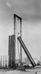 Construction of the gasoline plant, 1932; opened in 1933, this facility was the first of its kind in Canada and used high pressure to remove the liquid compounds from the gas. <br />Source: Glenbow Archives, NA-5290-8