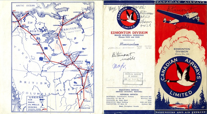 The May 1940 schedule for Canadian Airways included Bitumount as a stop