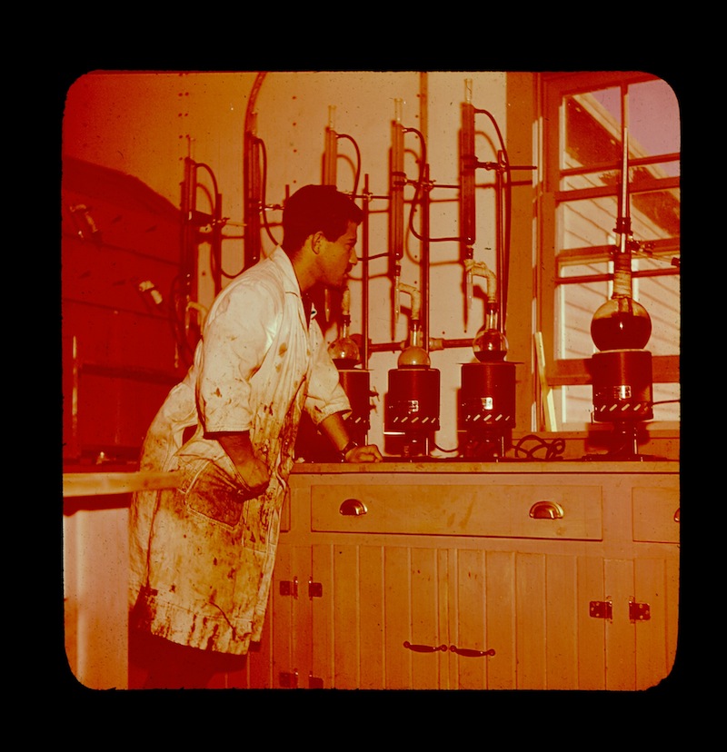 The Research Council of Alberta had an advisory role during the design and construction of the new Bitumount plant. Once it was up and running, staff of the RCA conducted ongoing tests to analyze and improve processes, ca. 1949.<br/>Source: University of Alberta Archives, 91-137-024