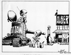 "He won’t sell us any gas!" by Tom Innes for the November 1, 1980, Calgary Herald pokes fun at the conflict over petroleum between Alberta and Ottawa, here represented by Prime Minister Pierre Elliott Trudeau in the tank and Minister of Energy, Mines, and Resources, Marc Lalonde at the gas pump. Source: Glenbow Archives, M-8000-702