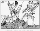 "Just relax…we’re just going to take a small sample" by Tom Innes for the November 14, 1980, Calgary Herald; Ottawa’s energy policy, represented by Prime Minister Pierre Elliott Trudeau and Marc Lalonde, Minister of Energy, Mines, and Resources, tries to extract oil from Alberta. Source: Glenbow Archives, M-8000-710