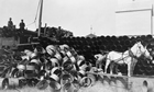Unloading pipe at Bow Island, 1910; the pipeline carrying Bow Island’s natural gas was the first to deliver gas to Alberta’s communities. Source: Glenbow Archives, NA-4047-5