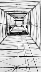 Two workers cling to the girders of a steel oil derrick. For workers on the platform near the top of the derrick, it was a looooong way down.