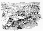 Sidney Ells’s rendition of the Abasand plant, showing the quarry (foreground), the separation plant (left), storage tanks (right) and the far bank of the Horse River (background) in about 1941. Source: Canadian Geographical Journal, June 1942, p. 263