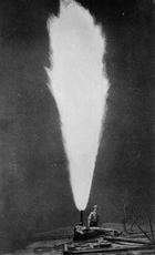 Artist’s impression of natural gas from Dominion government oil boring, Pelican Portage, Alberta, ca. 1897-1915. Source: Library and Archives Canada, PA-015499