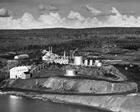 Aerial view of the Government of Alberta Oils Sands Project pilot plant for extracting bitumen from the northern Alberta oil sands at Bitumount, ca. 1950; the plant was leased from the Government of Alberta by Calgary-based Can-Amera Oil Sands Development Company in 1954 for further research and development of a centrifugal separation method. Source: Glenbow Archives, PA-1599-451-2